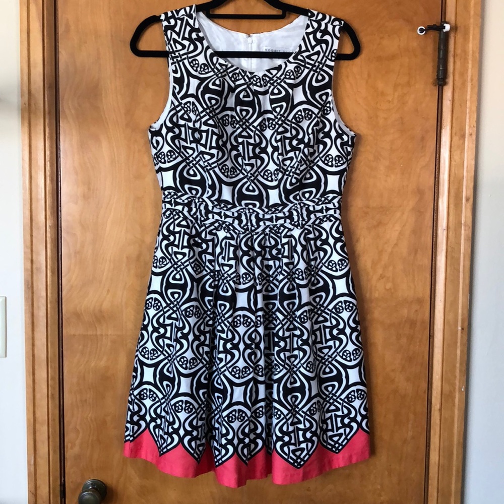 Black and White A-line dress w/ coral hem.